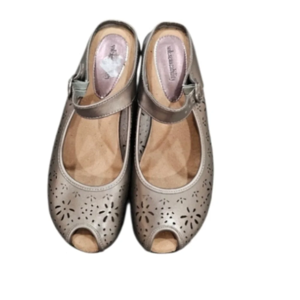sole senseability metallic  Mary Jane  peep toe wedge  mule sandals